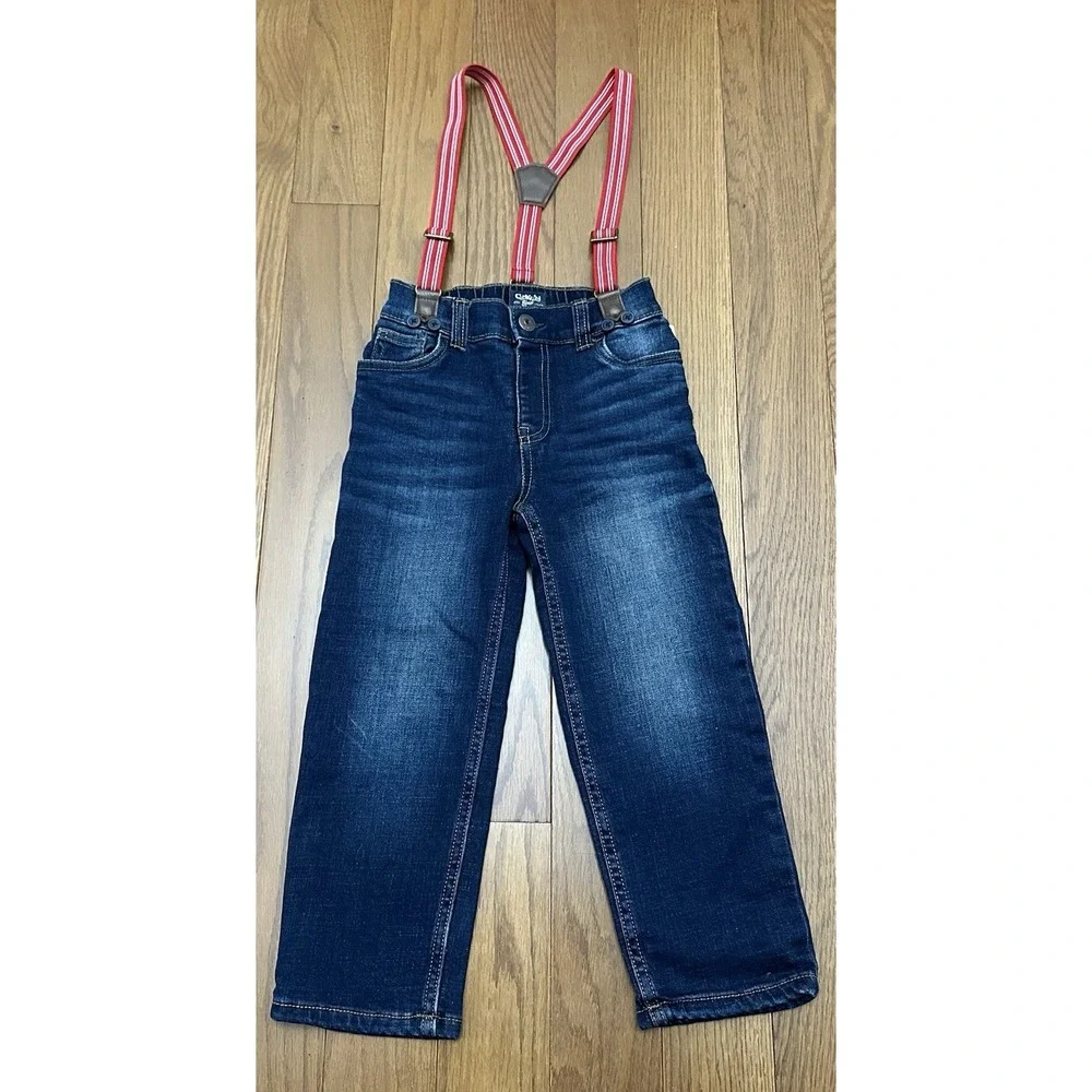 OshKosh B'gosh Boys 4T Lined Stretch  Jeans Red Suspenders Dark Wash NWT